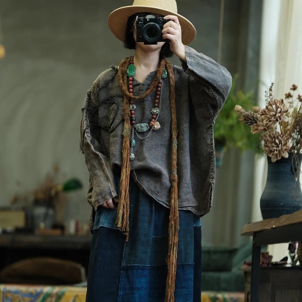 Johnature Damen Vintage T-Shirts Locker Herbst Patchwork Floral Unifarben Langarm Chinesischer Stil T-Shirt