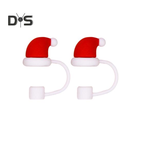 2 szt. Świąteczna silikonowa nakładka na słomkę 10 mm wielokrotnego użytku odporna na kurz nakładka na kubek dekoracja na imprezę Święty Mikołaj bałwan łoś dzwonki choinkowe końcówki słomkowe