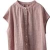 1116 Camicia in Lino Filato Industria Pesante Vintage Femminilità Collo Rialzato Camicia a Maniche Corte Monopetto Top