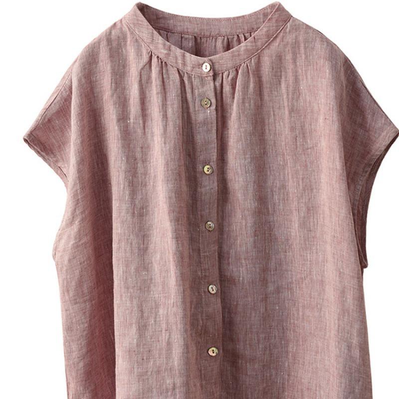 1116 Camicia in Lino Filato Industria Pesante Vintage Femminilità Collo Rialzato Camicia a Maniche Corte Monopetto Top