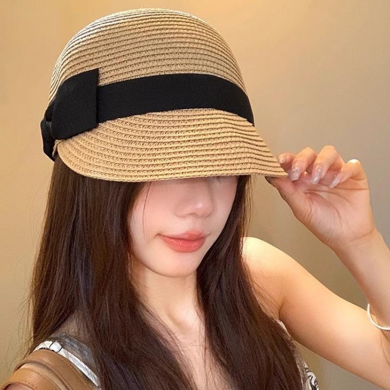 Face small age-reducing bow dome straw cap women's summer woven straw hat sun protection shade equestrian hat