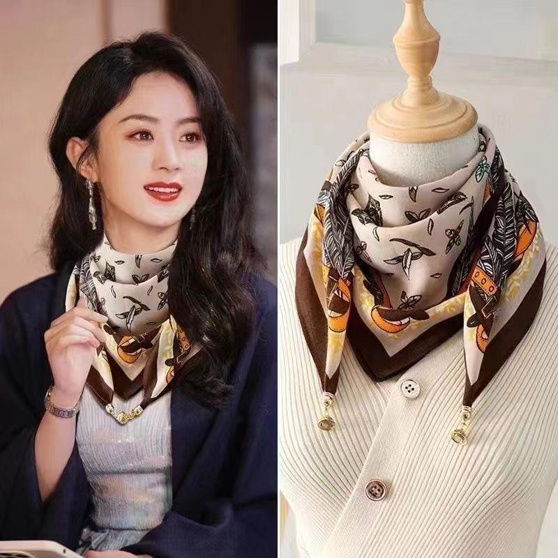 65.65 Magnetic Buckle Silk Scarf Women'S Square Scarf Winter Lazy Pendant Scarf Scarf Neck Decoration Fashionable And Versatile