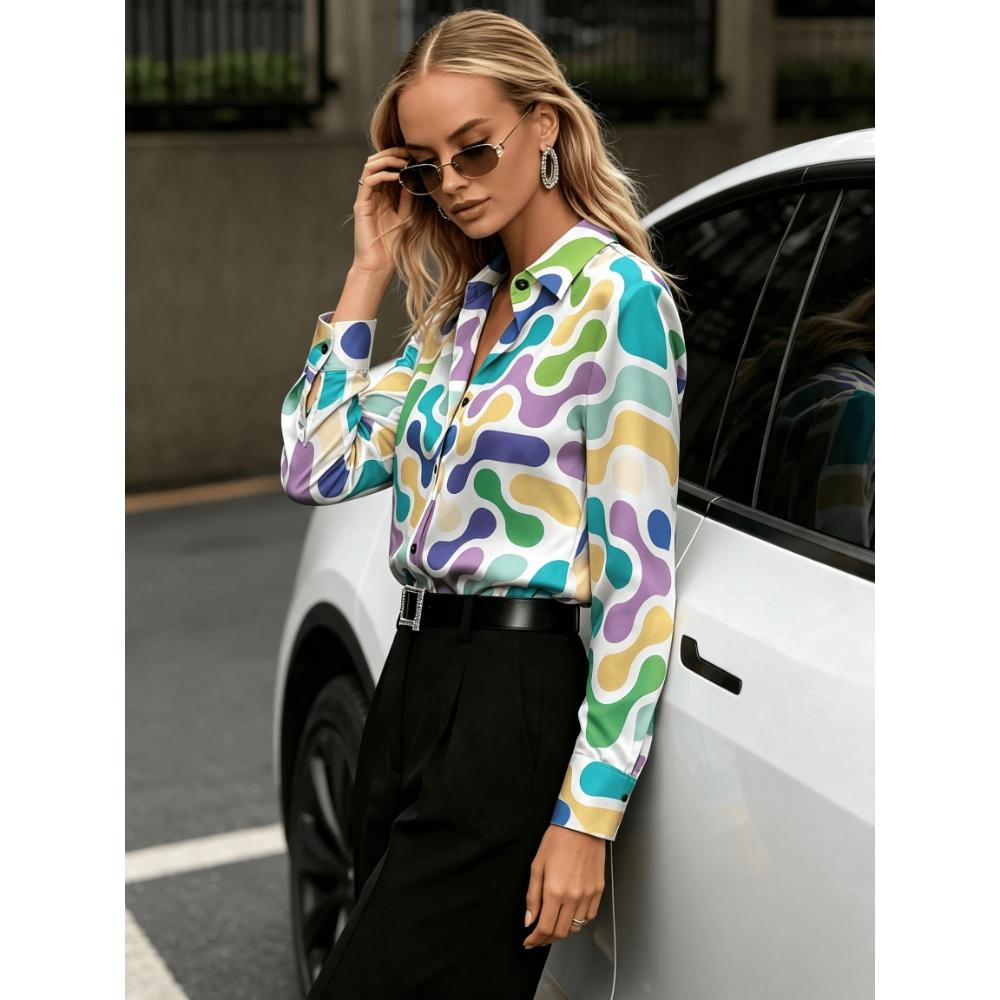 Women Satin Lapel Collar Long Sleeve Shirt Colorful Geometric Wave Print Elegant Commuter Blouse