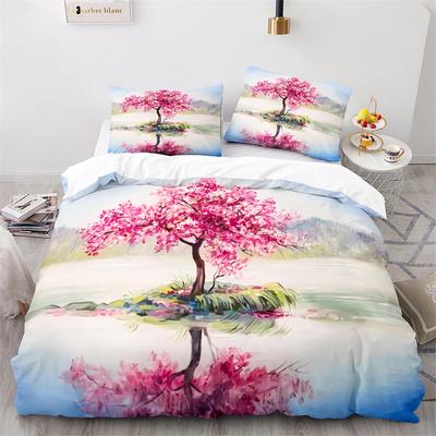 Oil Painting Duvet Cover Set Pink Cherry Blossoms Tree Flowers Polyester Comforter Cover King Queen Full Size for Girls Boys Kid