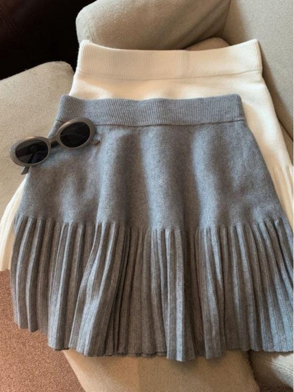 Pleated Knitted A-line Mini Skirt for Women - High Waist, Slimming, Versatile, Petite Fit for Spring & Autumn