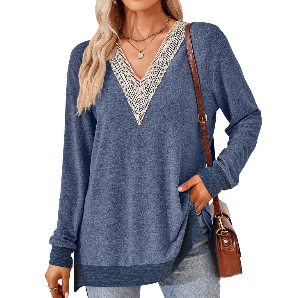 Herbst und Winter Damenbluse mit V-Ausschnitt, Spitze, einfarbig, lockere Langarm-Tops