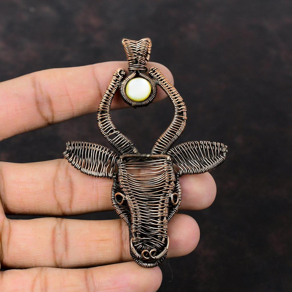 Mother Of Pearl Pendant Copper Wire Wrapped Gemstone Pendant Bull Face Jewelry Handmade Pendant Brand New Pendant Wire Wrap Jewelry For Gift