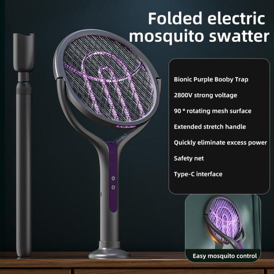 Electric Mosquito Swatter Folding Design 3500V Powerful Shock Rechargeable Battery USB Type-C Charging