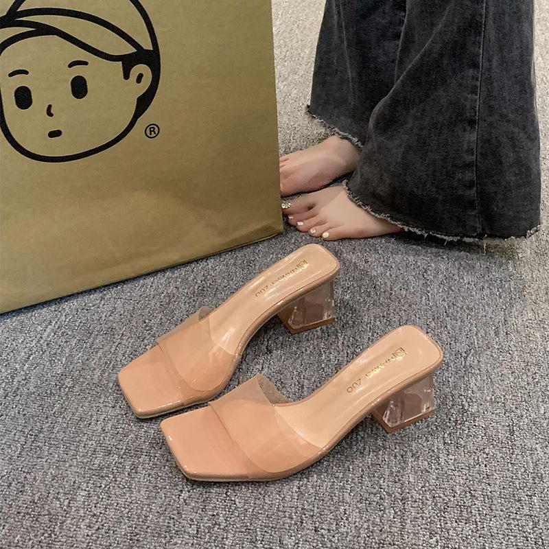 Transparent crystal slippers women's outer wear 2025 summer new thick high-heeled square-toed cool slippers women's summer outer wear summer