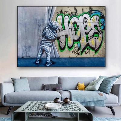 Graffiti Banksy Style Hope Boy Vorhang enthüllt Street Art Leinwandgemälde Original Schablone Wand Moderne abstrakte Leinwanddekoration (mit Rahmen)