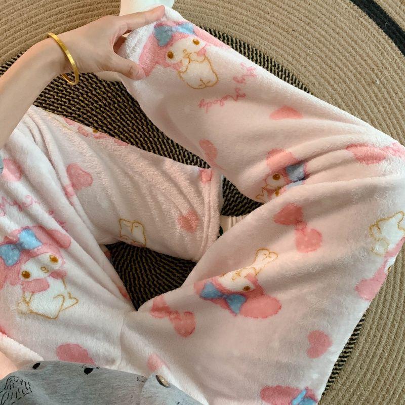 Korean Style Women's Cartoon Flannel Sleep Pants - Wearable Outdoors for Autumn and Winter 2025