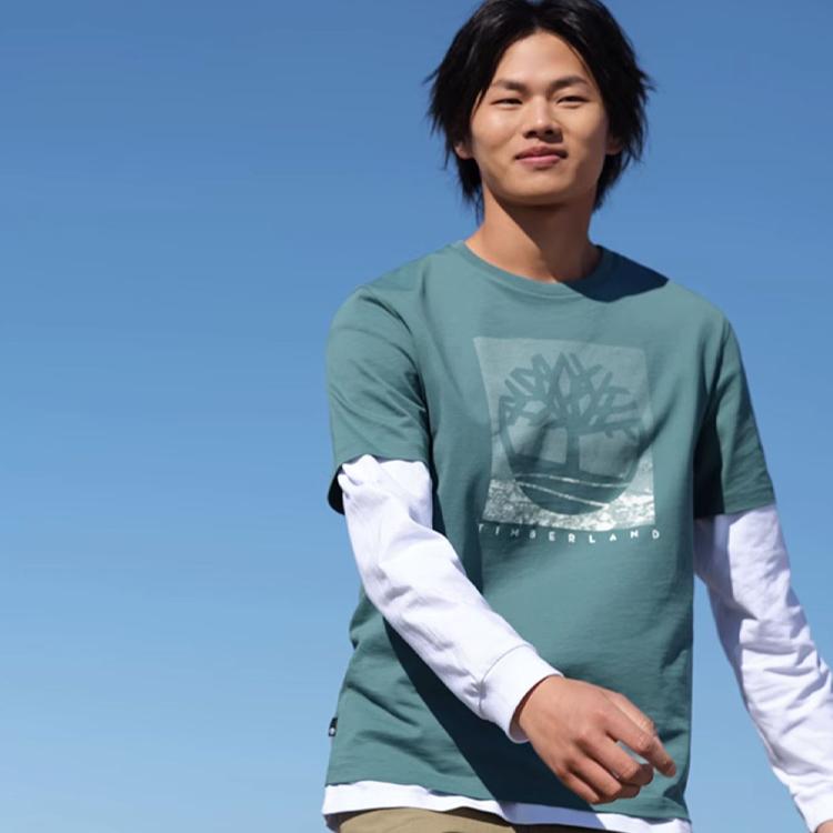 Timberland Koszulka męska z dużym logo, codzienna, slim fit, oddychająca, z okrągłym dekoltem, niebiesko-zielona A61XY-CL6