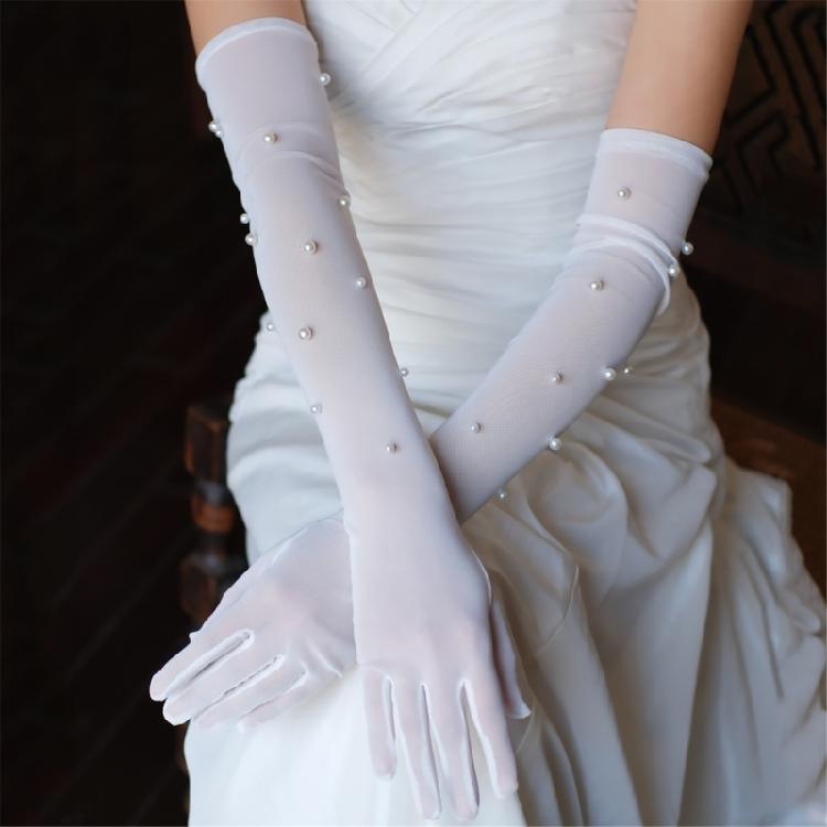 Elegant Gloves Pearls Full Finger for Proms Concert Evening Banquet Accessory Long Gloves for Bride and Bridesmaids
