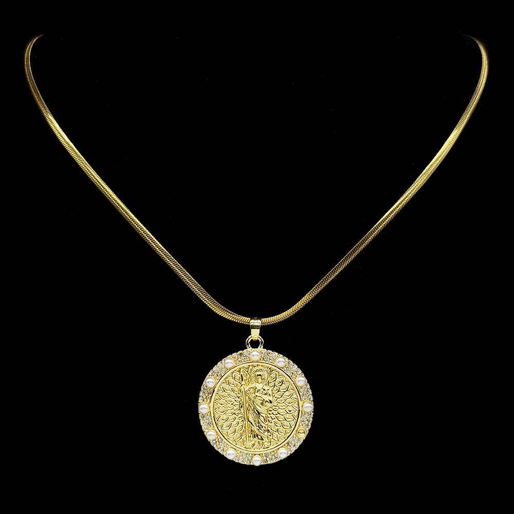 San Judas Tadeo Pray for Us Medal Zircons Copper Pendant Necklace Stainless Steel Pearls Saint Jude Thaddeus Faith Jewelry Gift