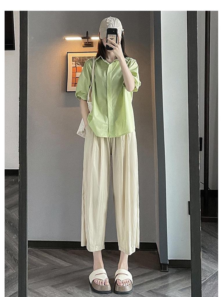 Women's High Waist Ice Silk Wide-Leg Carrot Pants - Petite, Slimming, Casual, Eight-Ninth Length for Spring/Summer