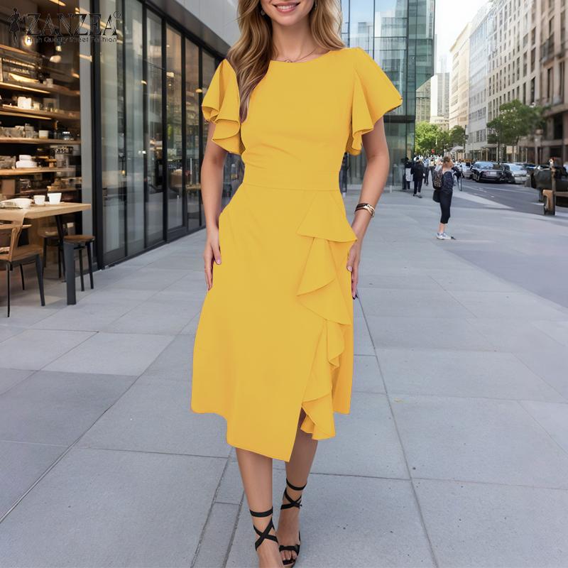 ZANZEA Women Casual Round Neck Ruffles Splice Summer Short Sleeve Dress