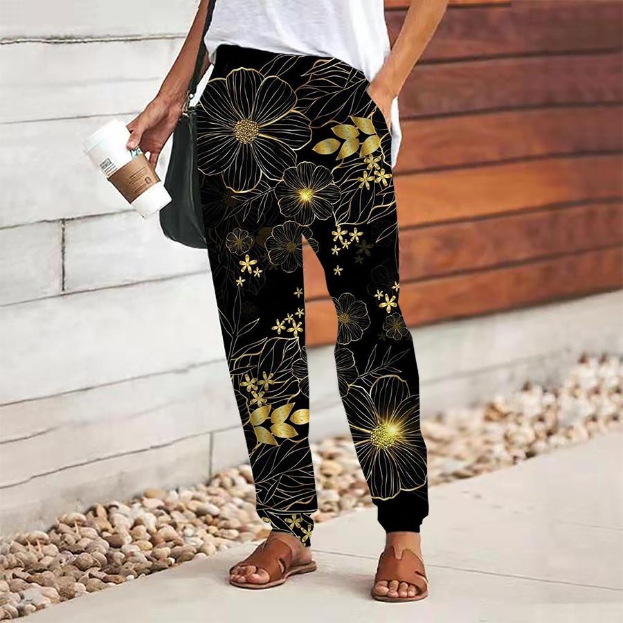 Women Flower Printing Pants Lace Up Elastic Waist Loose  Trousers Casual Long Pants Trousers with Pockets