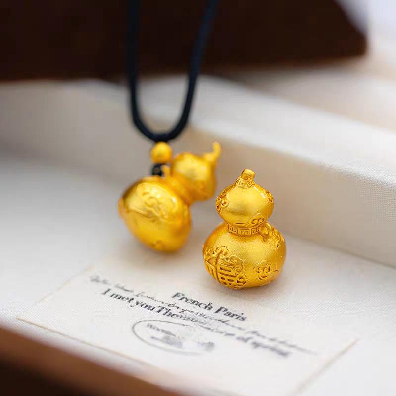 

Gold Auspicious Cloud Gourd Pendant with Fu Lu Braided Rope Sweater Chain Jewelry