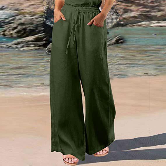 Women's casual wide-leg pants elastic waist lace-up trousers