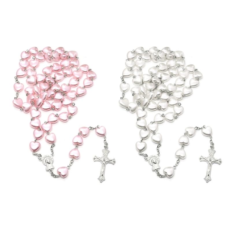 Perlen Rosenkranzperlen Rosenkranz Halskette Katholische Gebet Rosa Weiß Perle Liebesherz Christus Gebet Rosenkranz Halskette Schmuck