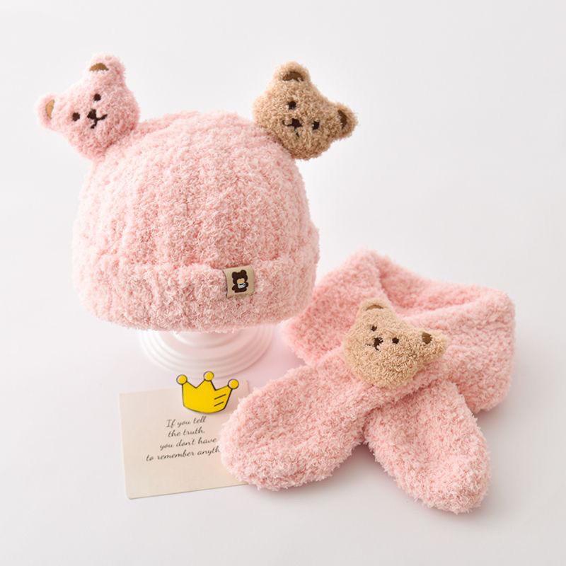 Bear Plush Baby Hat Autumn and Winter Baby Hat Scarf Integrated Two-piece Set Children's Thermal Ear Protection Hat Super Cute