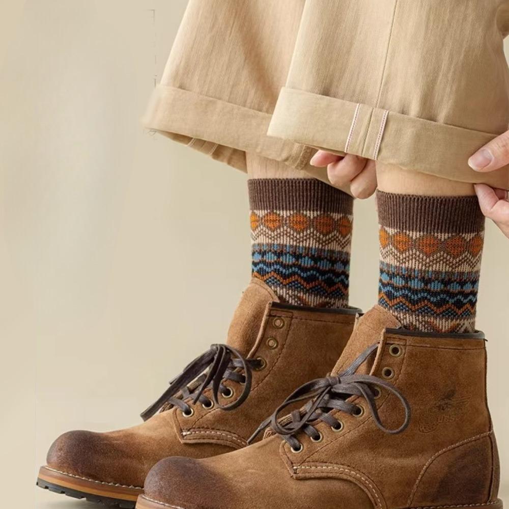 Double-needle Double-way Socks for Men, Mid-calf Cordless Long Socks, Cotton Ethnic Style Long Calf Retro Trend for Autumn and Winter
