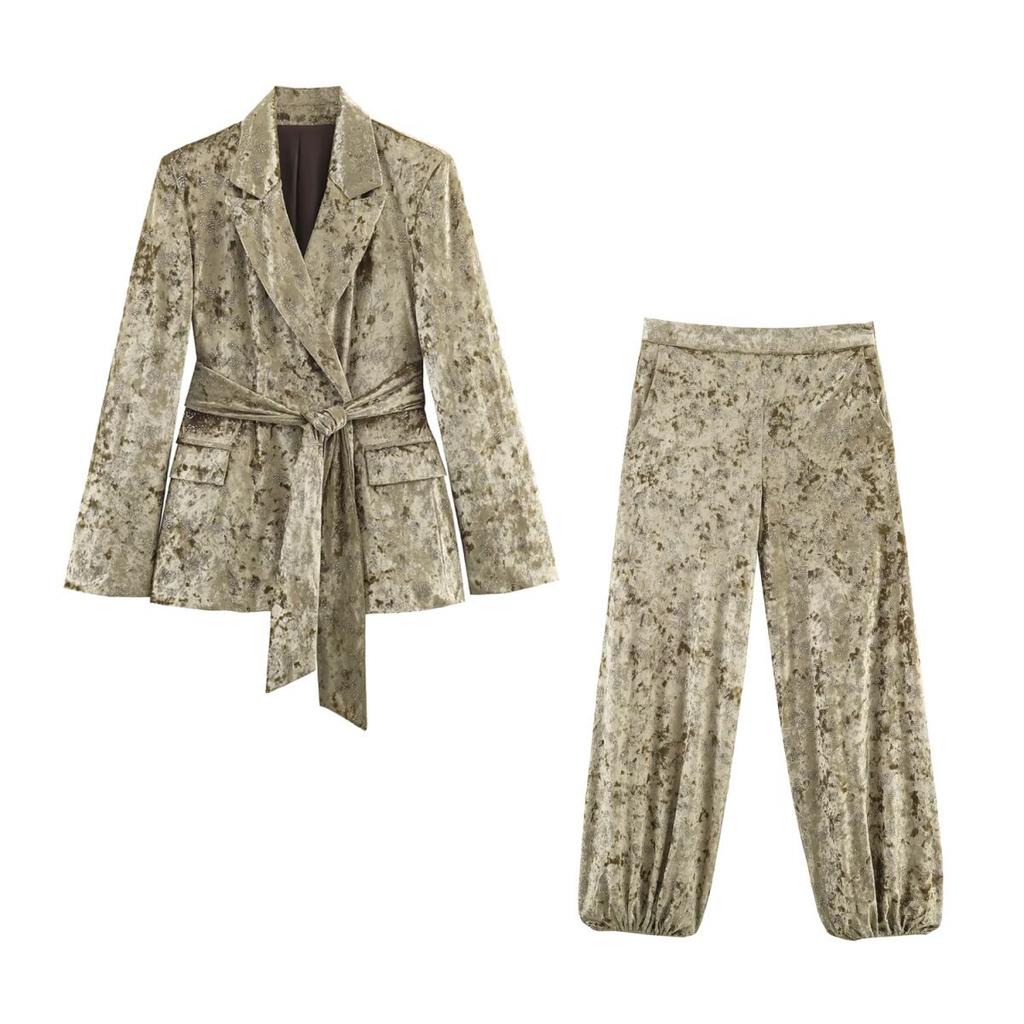 European and American cross-border women's clothing wholesale women's metallic colored thread velvet belt suit high-waisted lantern pants set