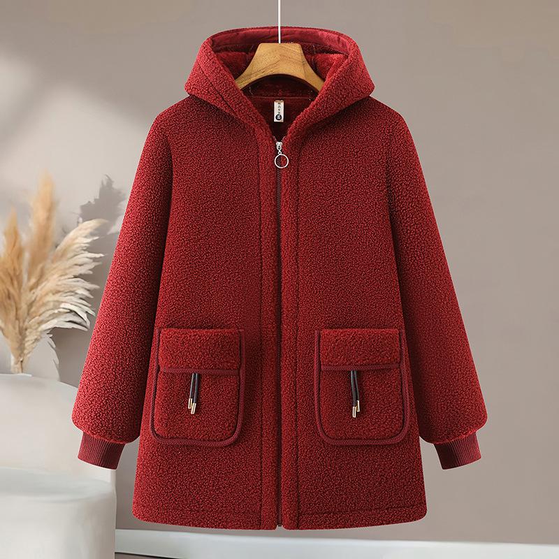 Winter Plush Hooded Jacket for Middle-aged and Elderly Women - Thickened Warm Cotton Outerwear