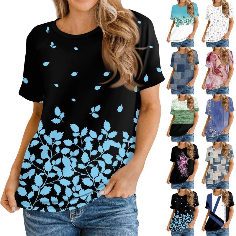 Women's Short Sleeve T Shirts Crewneck Loose Casual Tee Flower Print Tops for Women Tee Shirts