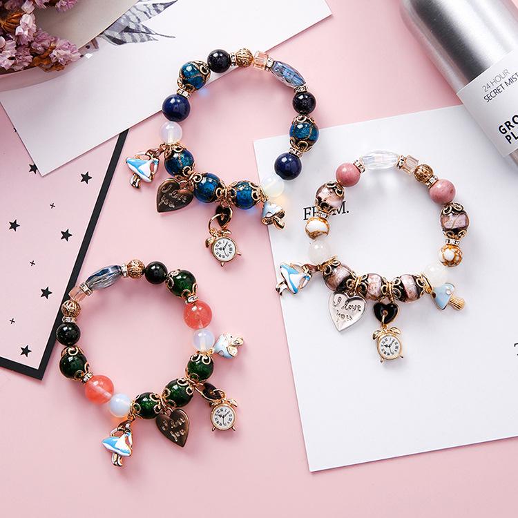 Scione Bohemian Girl Clock Love Letter Lock Colorful Glass Beads Creative Beading Bracelet