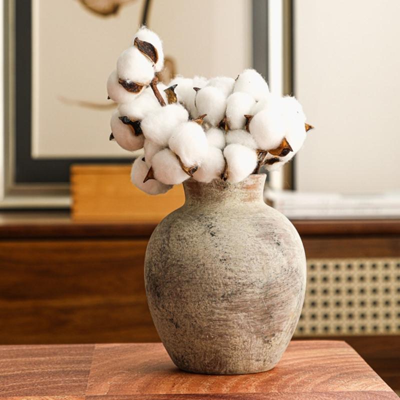 Farmhouse Ceramic Flower Vases with Rounded Bottle Shape and Matte Distressed Texture for Living Room Table, Shelf, Decors