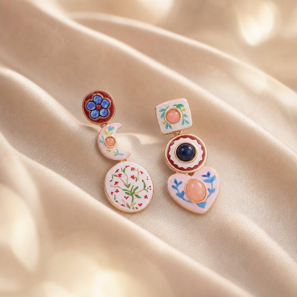 Vintage Geometric Alloy Earrings With Enamel Floral And Asymmetric Heart Design For Women