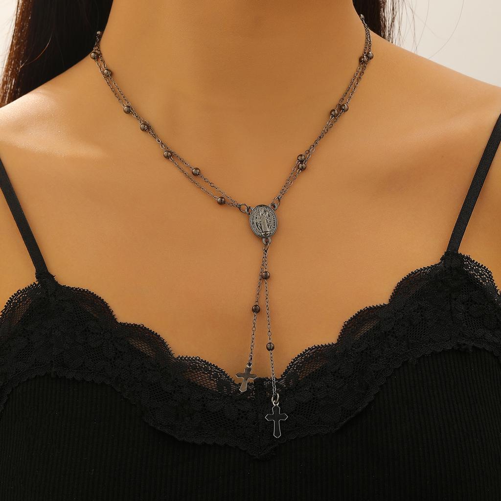 Multi Layer Beaded Chain Oval Medal Cross Pendant Y Necklace Vintage Religious Style Neck Jewelry for Women Daily Outfit Matching Accessory
