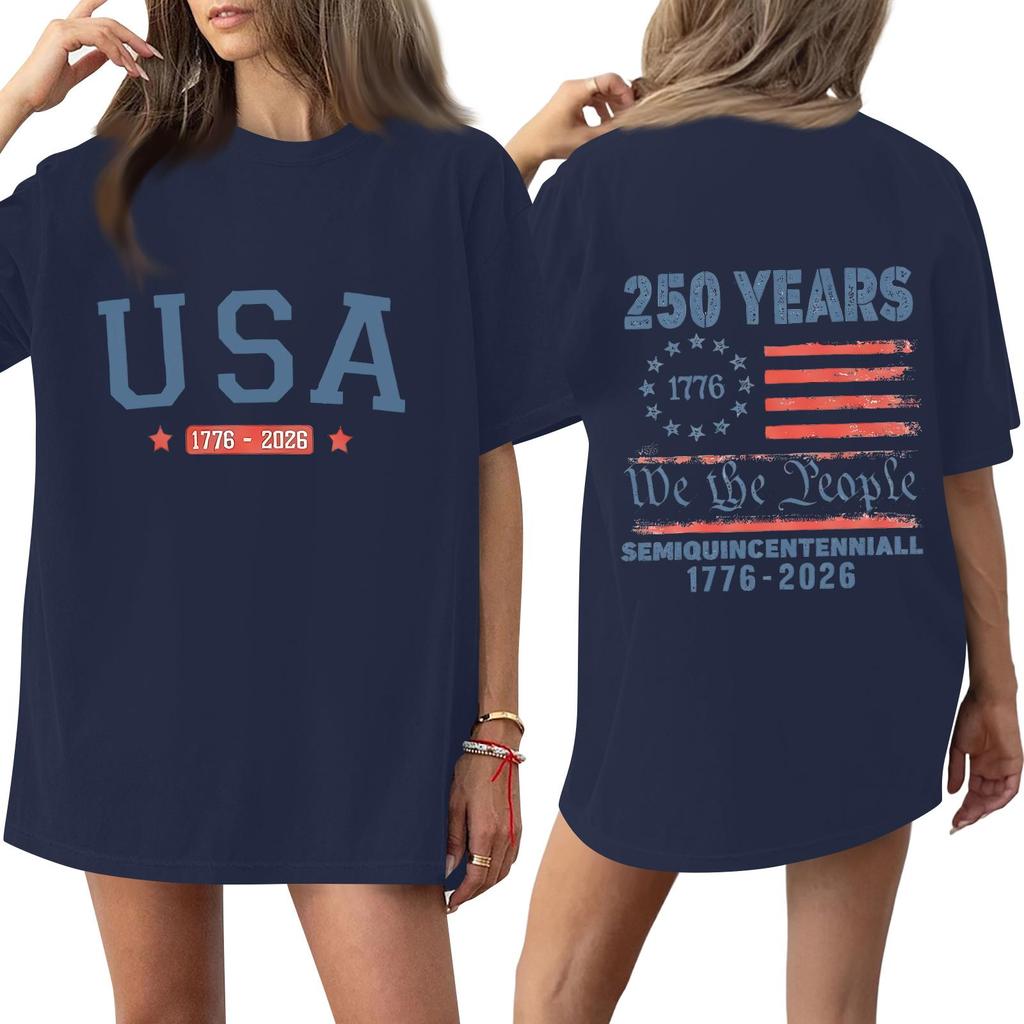 Women’s Casual Short Sleeve Crew Neck T-Shirt with USA 250th Anniversary Printed Graphic Loose Fit Comfortable Top 1776-2026 Commemorative Design