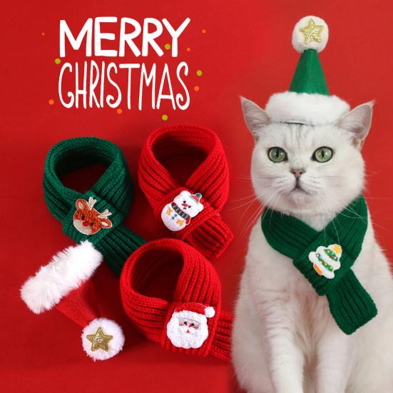 Christmas Pet Collar Embroidered Christmas Tree Snowman Santa Claus Elk Pattern Pet Knitted Scarf Hat Set