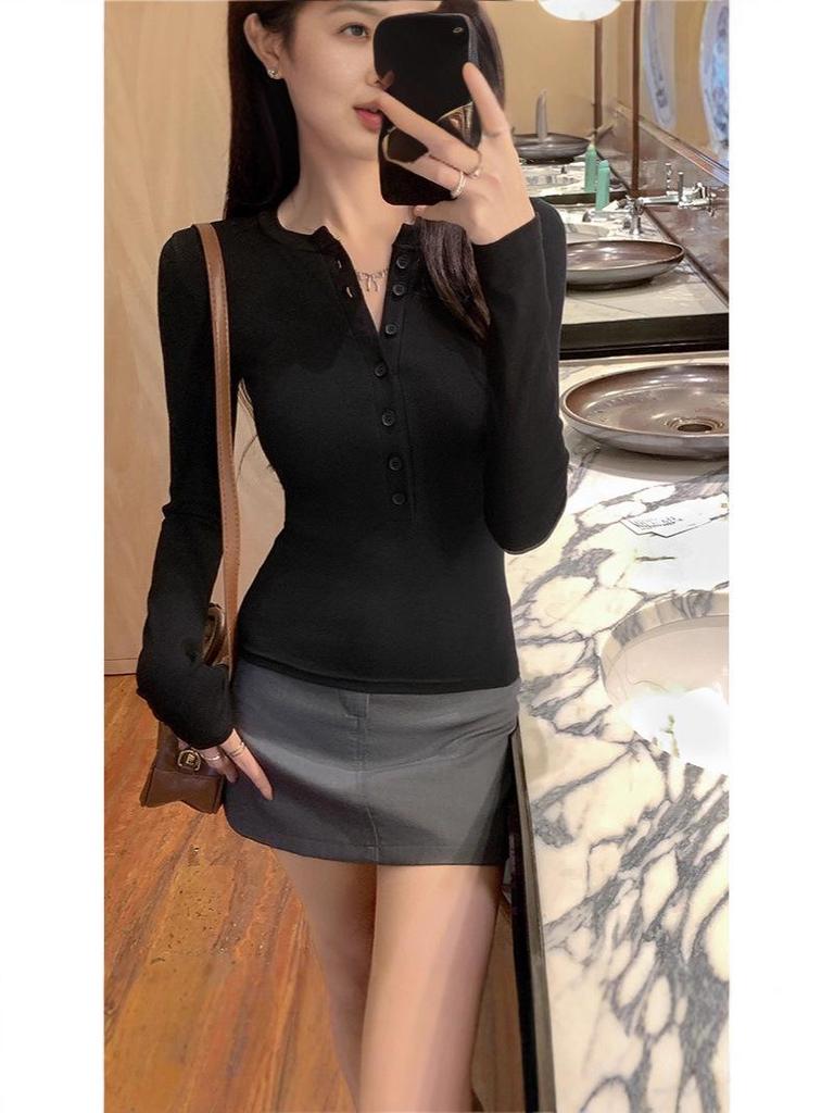 T-shirt à manches longues boutonné style américain pour femme Automne 2025 Amincissant avec col semi-ouvert