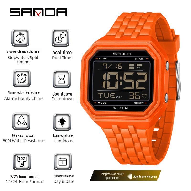 Sanda Creative Square Multifunctional Dual Display Student Watch - Countdown, Alarm, Waterproof, Trendy Electronic Timepiece.