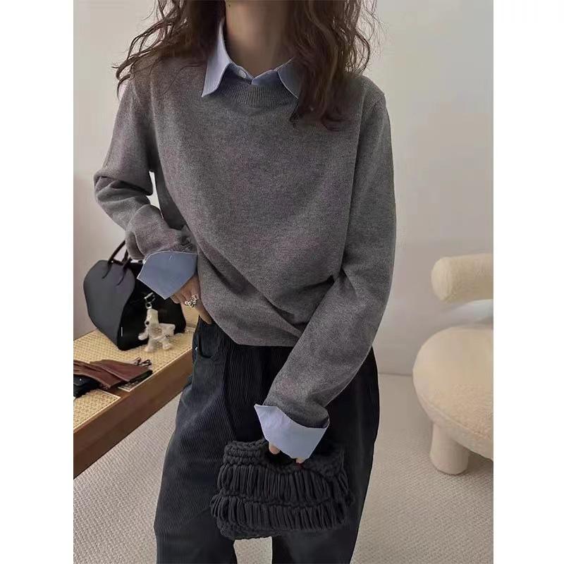 

Осенне-зимний пуловер с воротником поло, имитация двух предметов, женский повседневный модный универсальный вязаный топ onesize серый