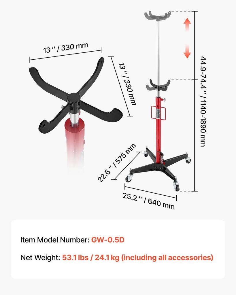 Hydraulic Transmission Jack, 1100 Lbs / 0.5 Ton Lifting Capacity Telescoping Transmission Jack with Foot Pedal, 360° Swivel Wheel, 112-187 Cm High
