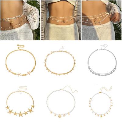 Imitation Pearl Waist Chain Sea Star Shell Waist Link Summer Jewelry Accessories  Vacation