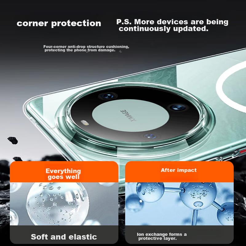 Huawei Mate60Pro/Pro+ Phone Case, Full Coverage Magnetic Wireless Charging, Huawei German Bayer Material, Transparent Silicone Case with Air Cushio