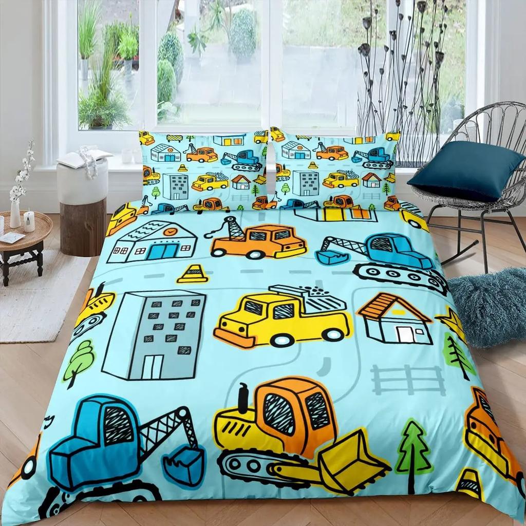 Cartoon Tractor Trucks King Queen Duvet Cover Construction Vehicle Bedding Set Excavator Quilt Cover Polyester Comforter Cover