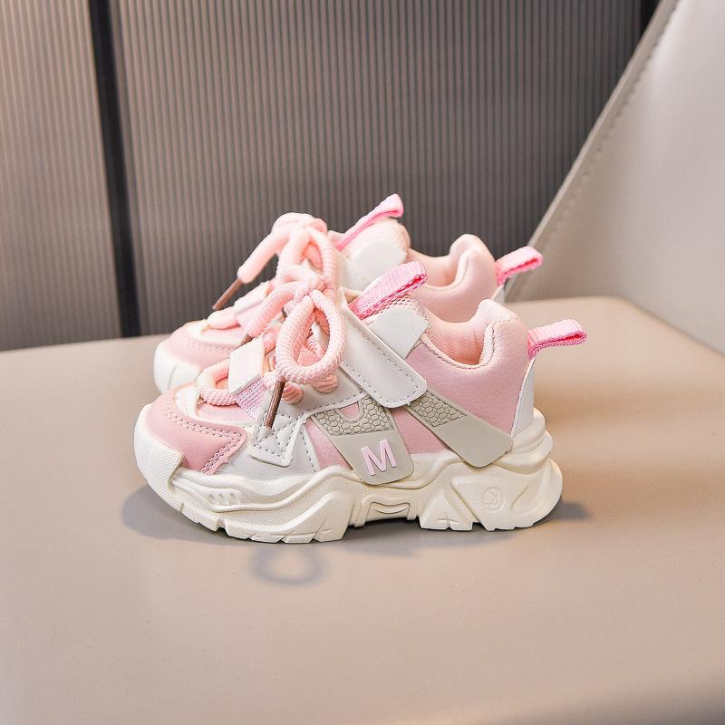 

Детские красивые кожаные кроссовки с цветовой блокировкой 2025 осень для мальчиков кроссовки для пап для девочек маленькие средние и большие детская повседневная 21-25 5 pairs with one hand розовый