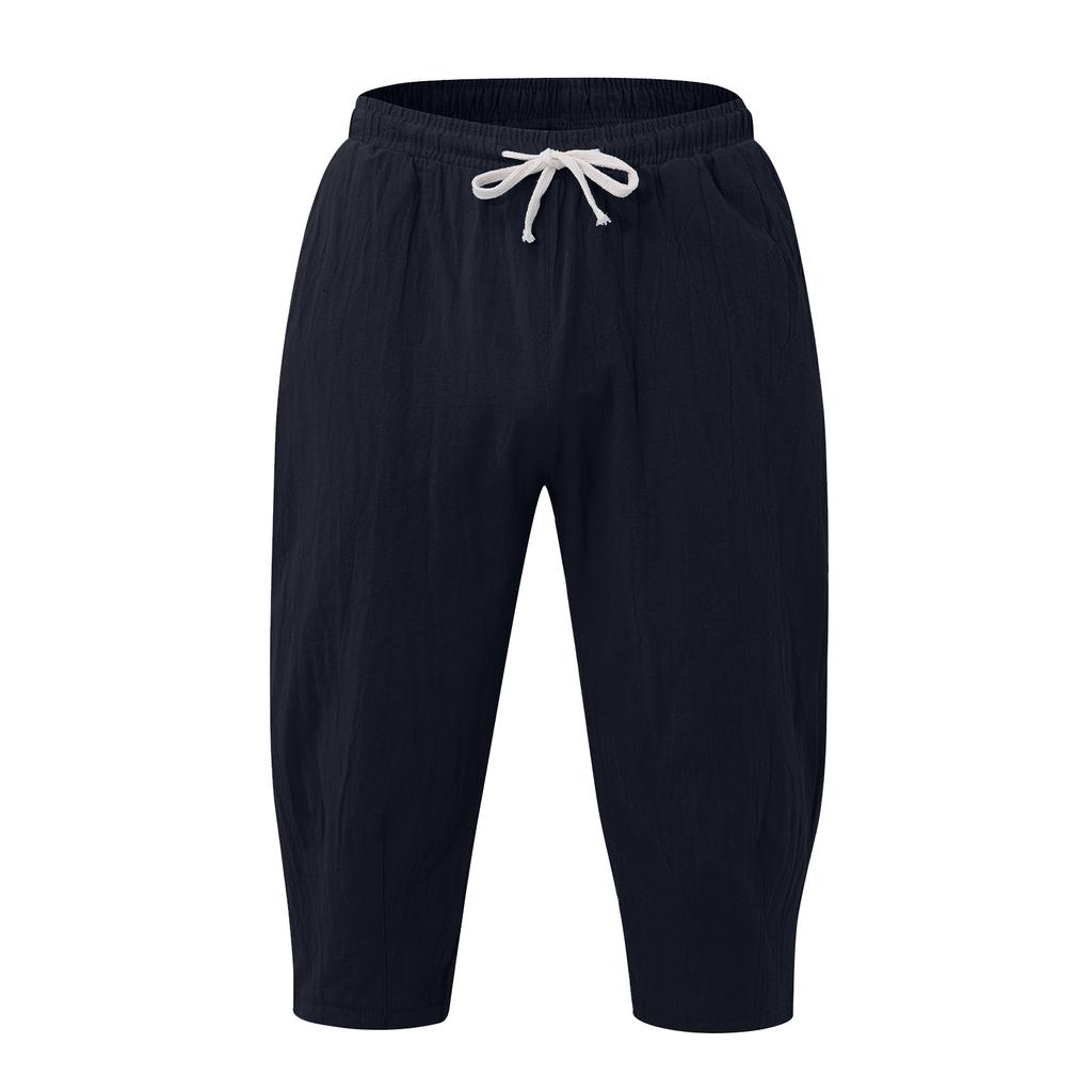 Men's Casual Color Cotton Linen Loose Cropped Pants Straight Linen Pants