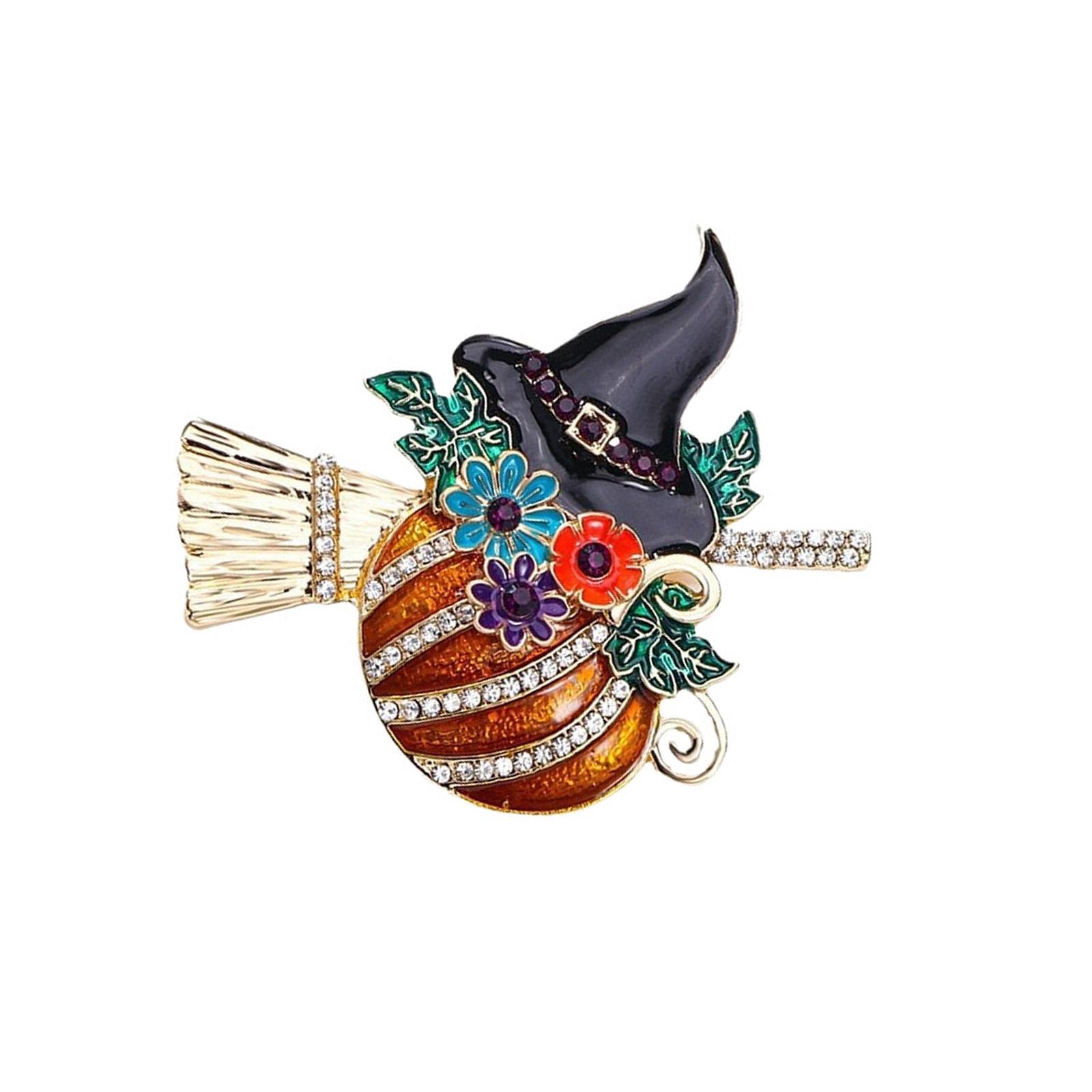 

Unique Cartoon Witch Pumpkin Brooch With Broomstick Durable Alloy Jewelry For Halloween Celebration Outfit