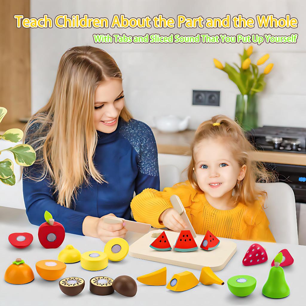 UMU Fruit Cutting Toy Wooden Montessori Educational Wooden Toy Fruit Candy Food Storage Bag Miniature Food Birthday Gift for Boys and Girls Ages 6