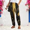 Women Plus Size Loose Straight Long Pants Black Gold Geometric Printed With Pockets