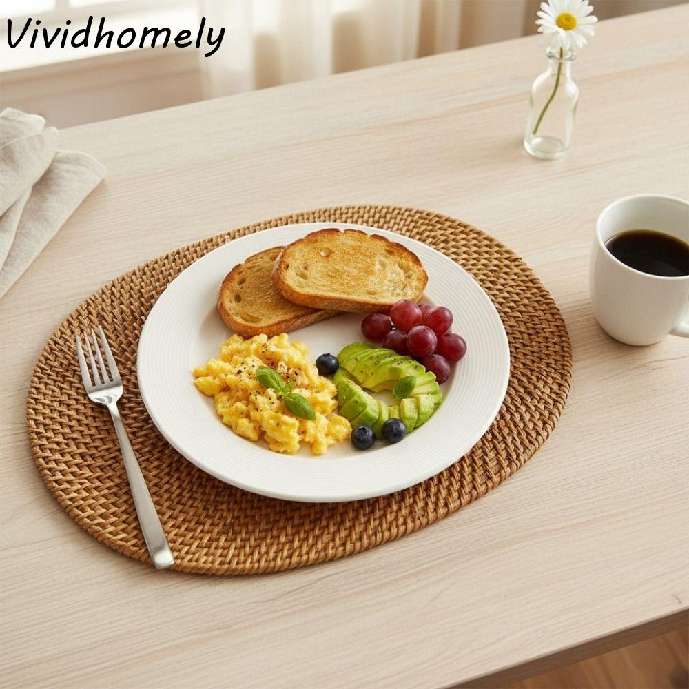 Heat-Resistant Oval Rattan Woven Placemat Handmade Non-Slip Table Mat Vintage Rustic Style Tableware Heat-Insulated Mat Dish