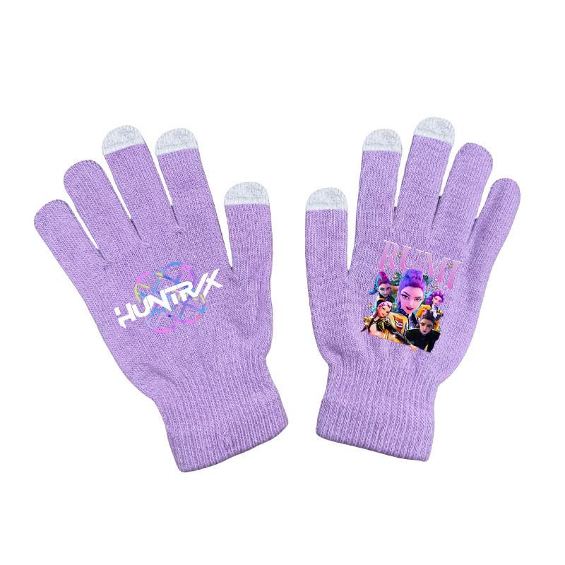 Kids Boys Girls Kpop Hunters Derpy Rumi Zoey Mira Printed Velvet Autumn Winter Warm Knitted Gloves