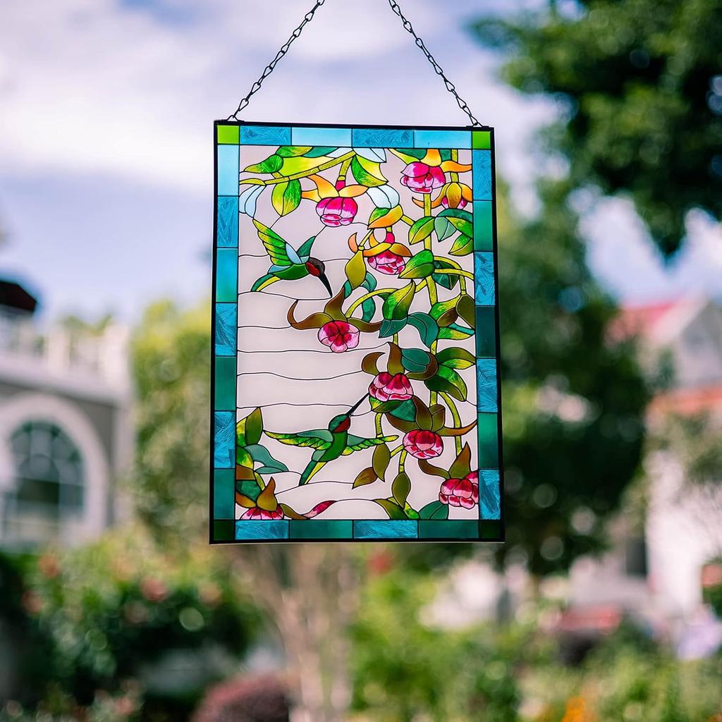 VEWOGARDEN W10xH15 palce Vitrážová závěsná dekorace s kolibříky, Panel lapače slunce s řetízkem na stěnu nebo okna